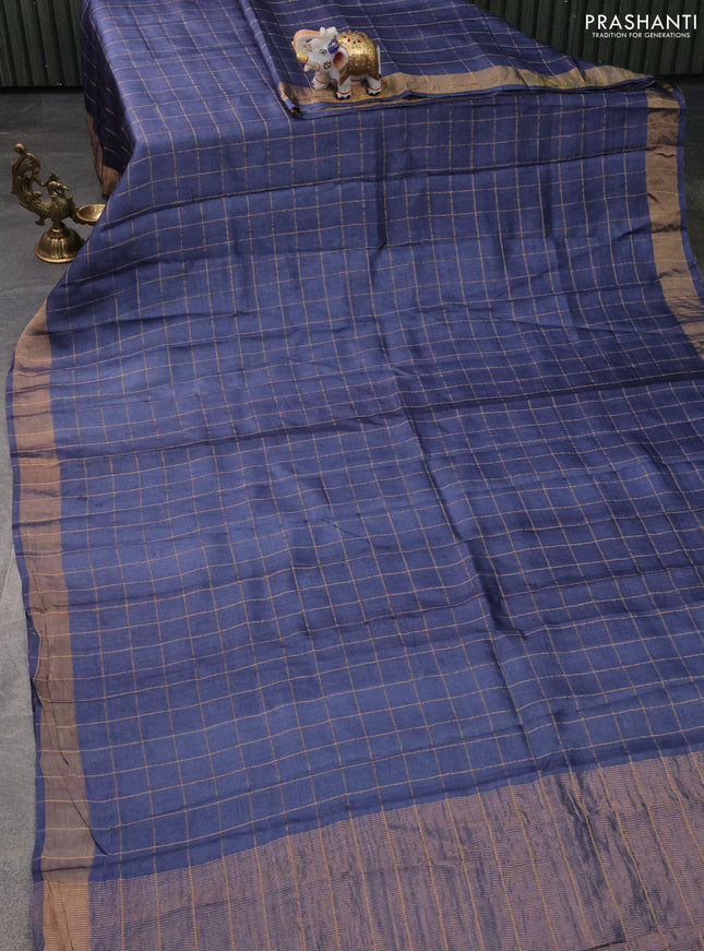 Pure Tussar Silk Saree bluish grey and pastel green with allover zari checked pattern and zari woven border