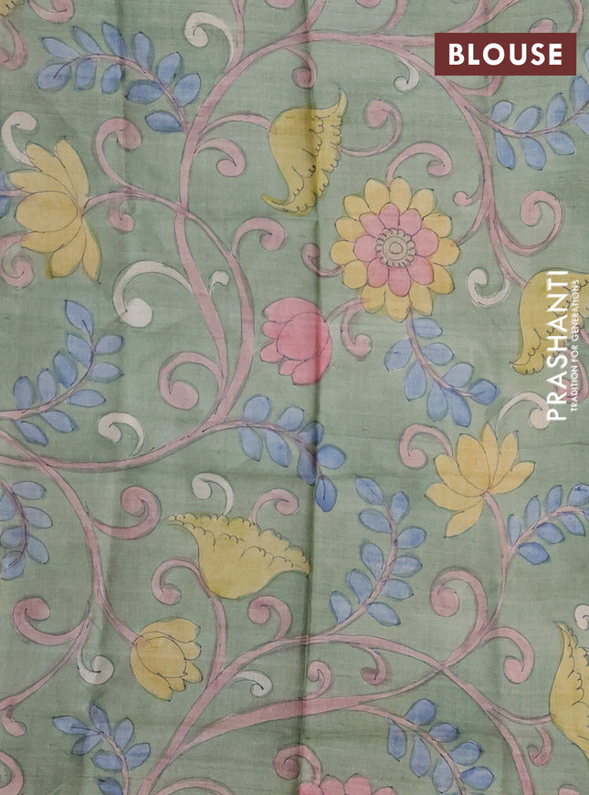 Pure Tussar Silk Saree bluish grey and pastel green with allover zari checked pattern and zari woven border
