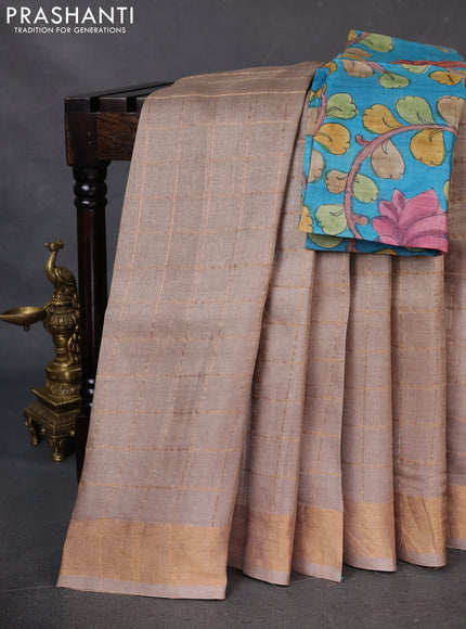 Pure Tussar Silk Saree beige and teal blue with allover zari checked pattern and zari woven border