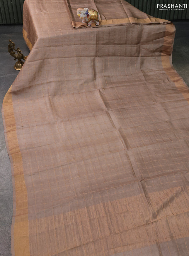 Pure Tussar Silk Saree beige and teal blue with allover zari checked pattern and zari woven border