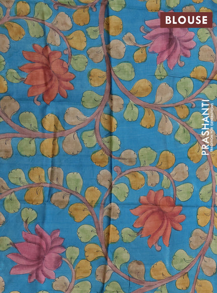 Pure Tussar Silk Saree beige and teal blue with allover zari checked pattern and zari woven border