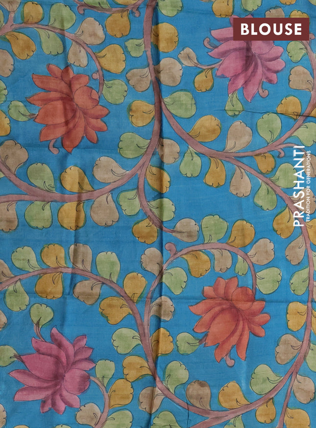 Pure Tussar Silk Saree beige and teal blue with allover zari checked pattern and zari woven border