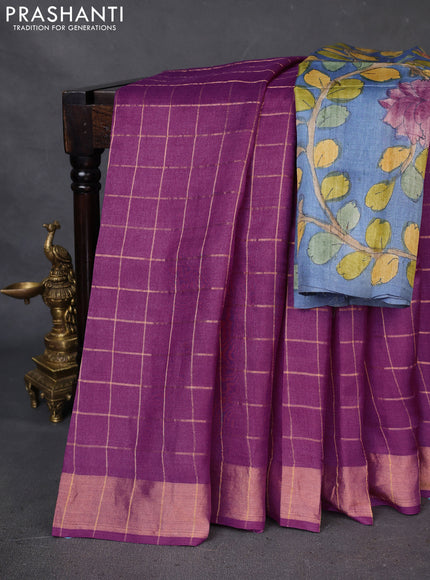 Pure Tussar Silk Saree purple and bluish grey with allover zari checked pattern and zari woven border