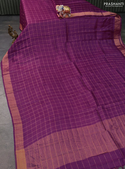 Pure Tussar Silk Saree purple and bluish grey with allover zari checked pattern and zari woven border