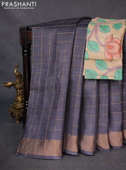 Pure Tussar Silk Saree elephant grey and sandal with allover zari checked pattern and zari woven border