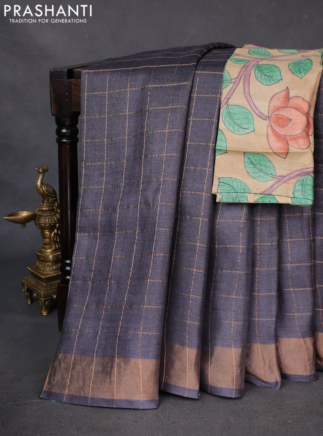 Pure Tussar Silk Saree elephant grey and sandal with allover zari checked pattern and zari woven border