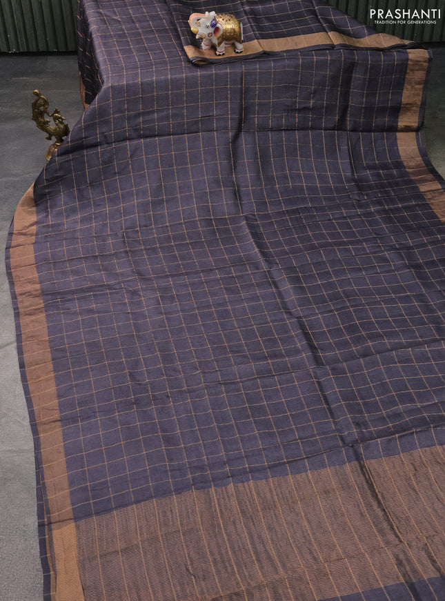 Pure Tussar Silk Saree elephant grey and sandal with allover zari checked pattern and zari woven border