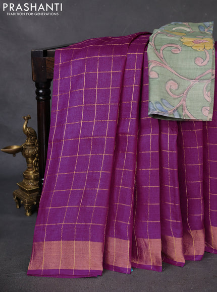 Pure Tussar Silk Saree purple and elaichi green with allover zari checked pattern and zari woven border