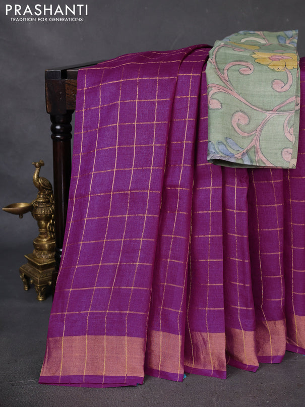 Pure Tussar Silk Saree purple and elaichi green with allover zari checked pattern and zari woven border