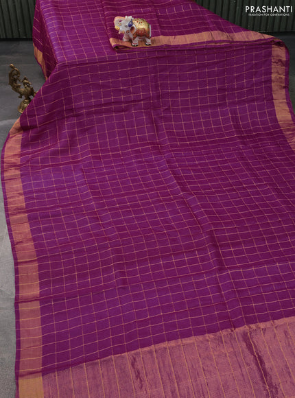 Pure Tussar Silk Saree purple and elaichi green with allover zari checked pattern and zari woven border