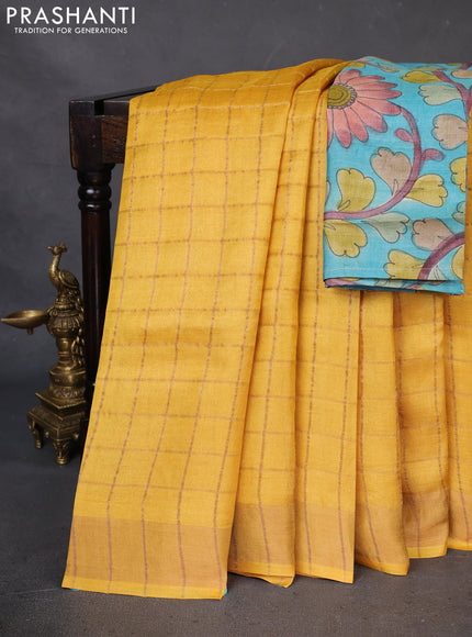 Pure Tussar Silk Saree yellow and teal blue with allover zari checked pattern and zari woven border
