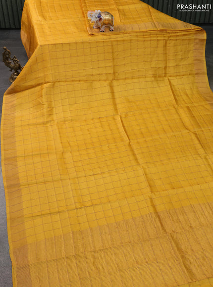 Pure Tussar Silk Saree yellow and teal blue with allover zari checked pattern and zari woven border