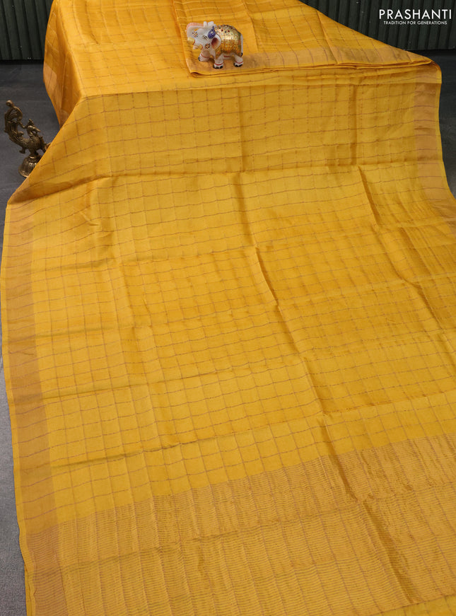 Pure Tussar Silk Saree yellow and teal blue with allover zari checked pattern and zari woven border