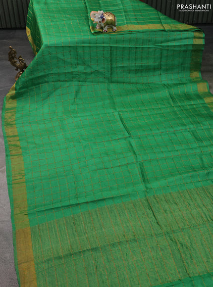Pure Tussar Silk Saree green and brown with allover zari checked pattern and zari woven border