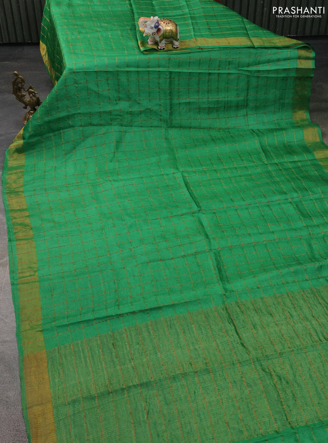 Pure Tussar Silk Saree green and brown with allover zari checked pattern and zari woven border