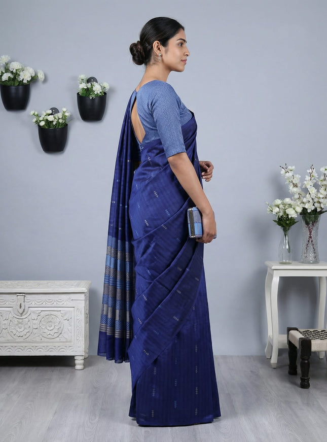 Semi tussar saree blue with thread woven buttas & purse