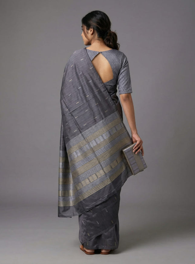 Semi tussar saree grey shade with thread woven buttas & purse
