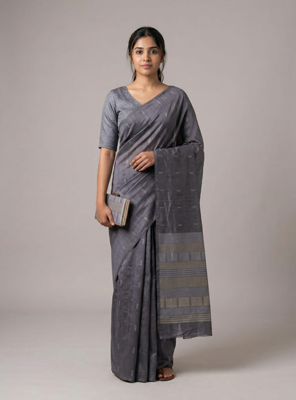 Semi tussar saree grey shade with thread woven buttas & purse