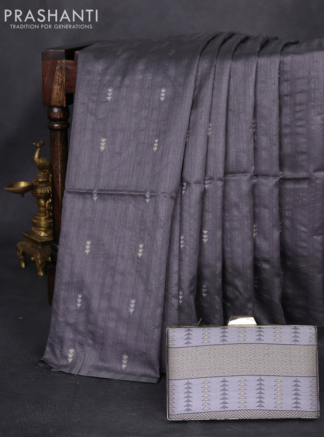 Semi tussar saree grey shade with thread woven buttas & purse