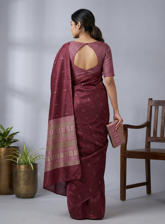Semi tussar saree maroon with thread woven buttas & purse
