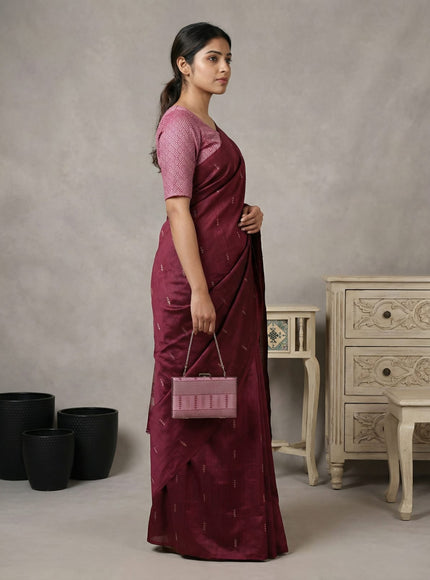 Semi tussar saree maroon with thread woven buttas & purse