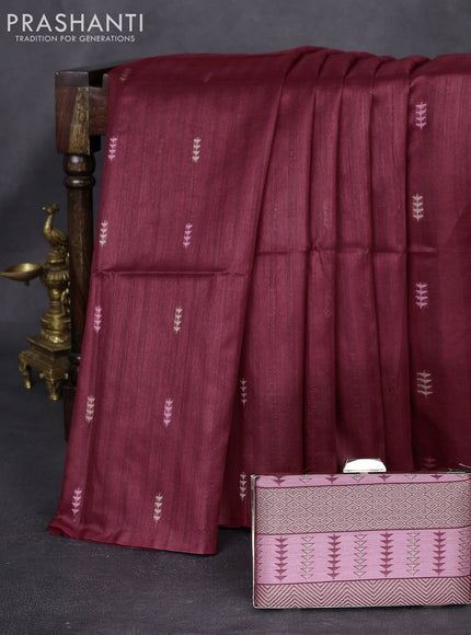 Semi tussar saree maroon with thread woven buttas & purse