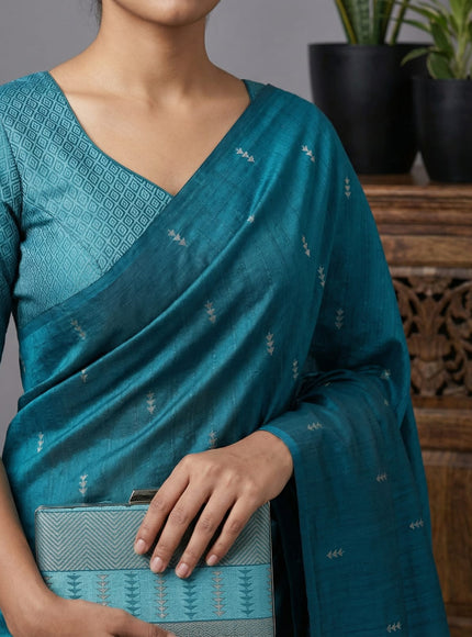 Semi tussar saree teal green with thread woven buttas & purse