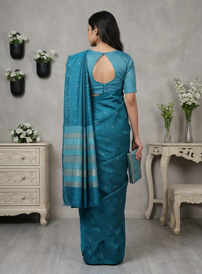 Semi tussar saree teal green with thread woven buttas & purse