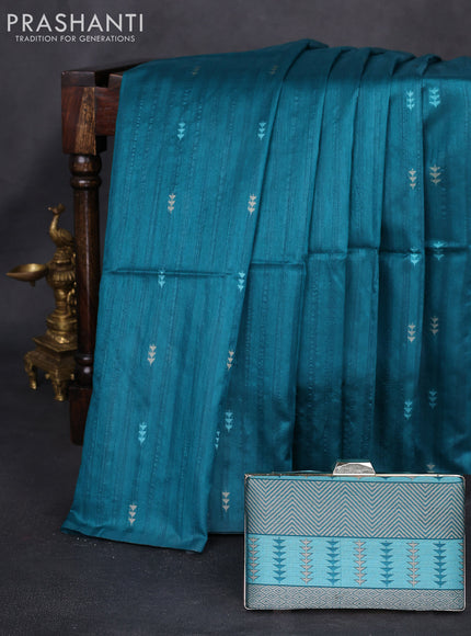 Semi tussar saree teal green with thread woven buttas & purse