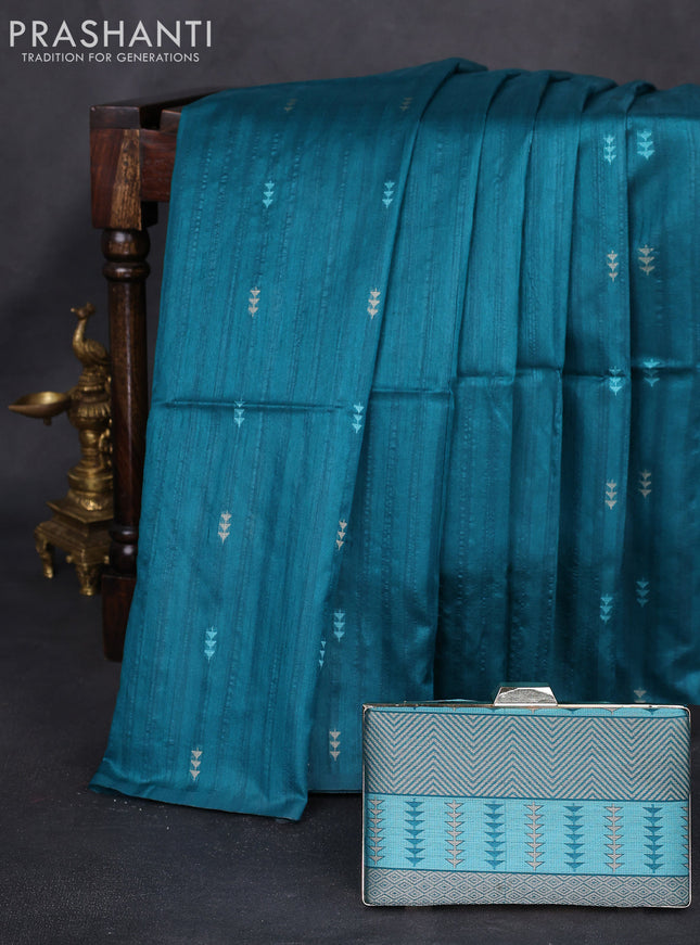 Semi tussar saree teal green with thread woven buttas & purse