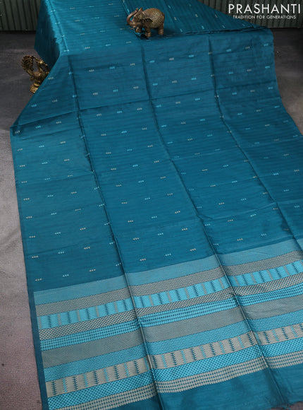 Semi tussar saree teal green with thread woven buttas & purse