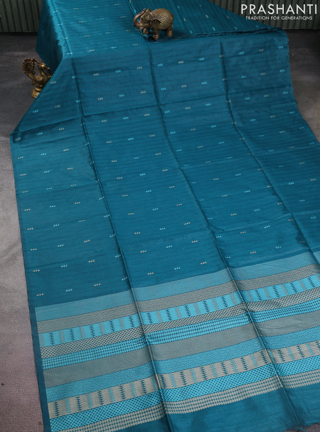 Semi tussar saree teal green with thread woven buttas & purse
