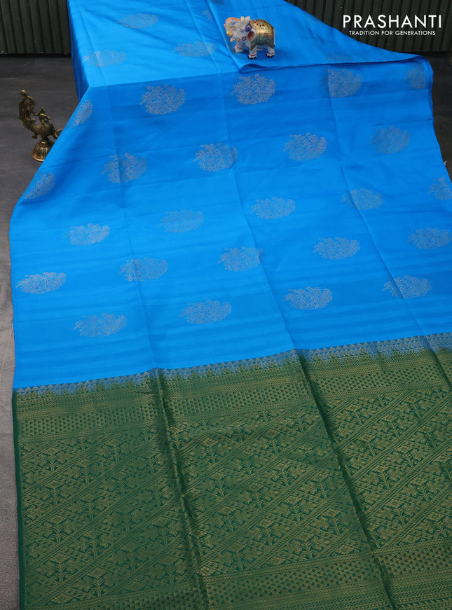 Kanchipuram silk saree cs blue and green with zari woven buttas & jute finish in borderless style