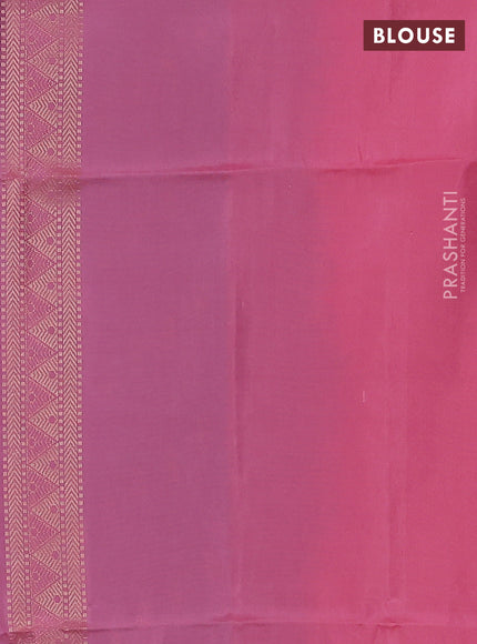 Kanchipuram silk saree teal blue and peach pink with allover zari woven zig zag weaves in borderless style