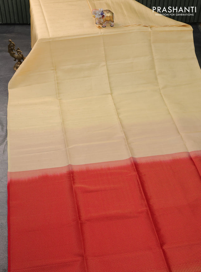 Kanchipuram silk saree cream and red with allover zari weaves in borderless style