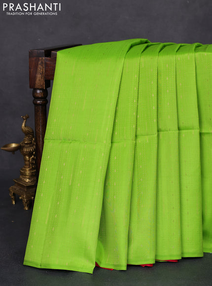 Kanchipuram silk saree light green and red with allover zari weaves in borderless style