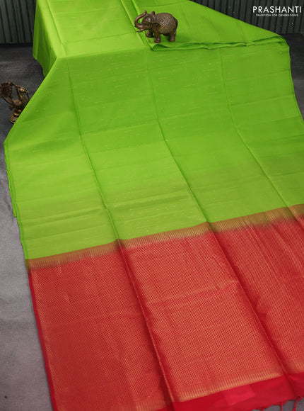 Kanchipuram silk saree light green and red with allover zari weaves in borderless style