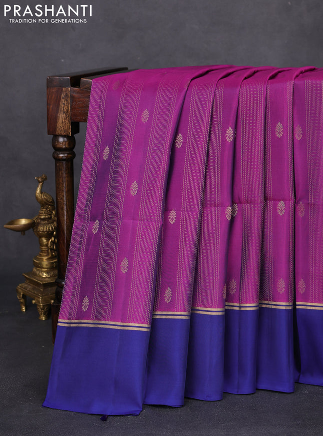 Kanchipuram silk saree purple and blue with allover zari weaves and zari woven simple border