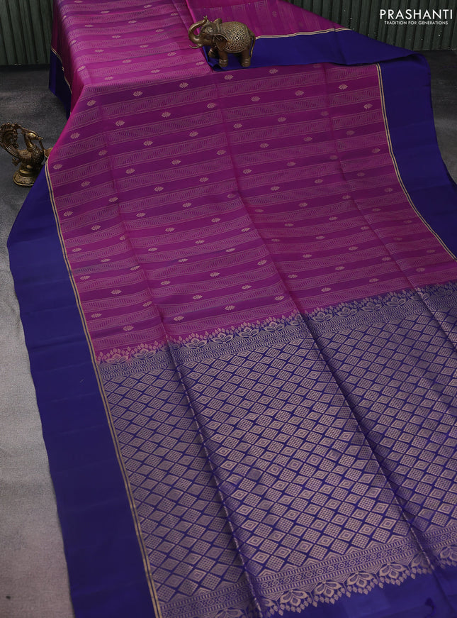 Kanchipuram silk saree purple and blue with allover zari weaves and zari woven simple border