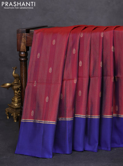 Kanchipuram silk saree maroon and blue with allover zari weaves and zari woven simple border