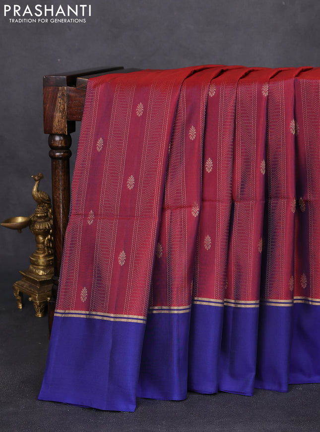 Kanchipuram silk saree maroon and blue with allover zari weaves and zari woven simple border
