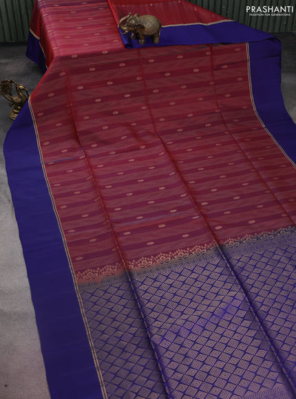 Kanchipuram silk saree maroon and blue with allover zari weaves and zari woven simple border