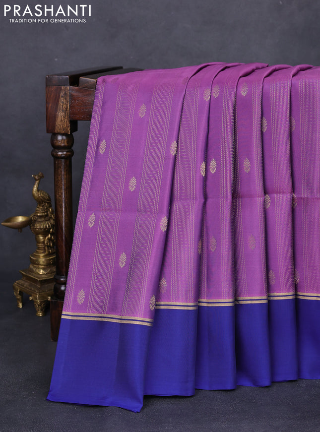 Kanchipuram silk saree purple and blue with allover zari weaves and zari woven simple border