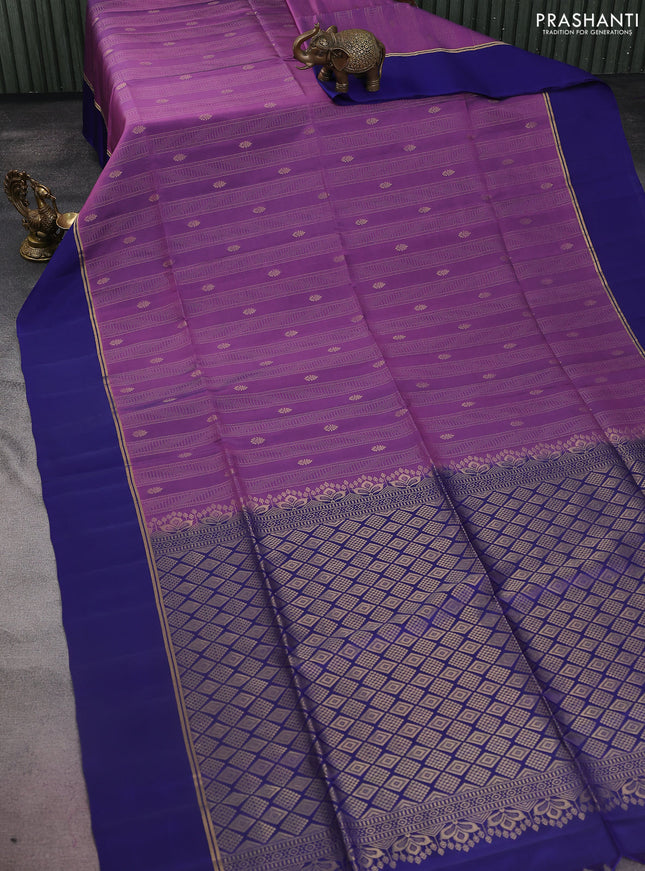 Kanchipuram silk saree purple and blue with allover zari weaves and zari woven simple border