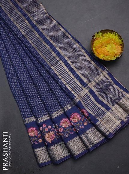 Semi chanderi saree blue with allover zari checked pattern and floral embroidery border