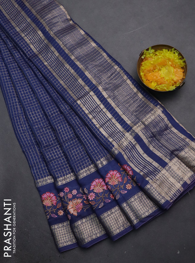 Semi chanderi saree blue with allover zari checked pattern and floral embroidery border