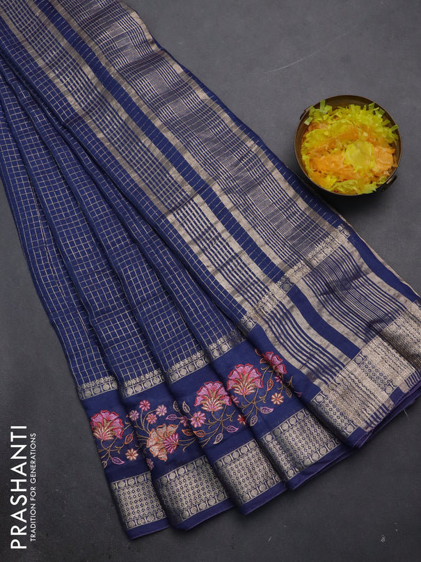 Semi chanderi saree blue with allover zari checked pattern and floral embroidery border