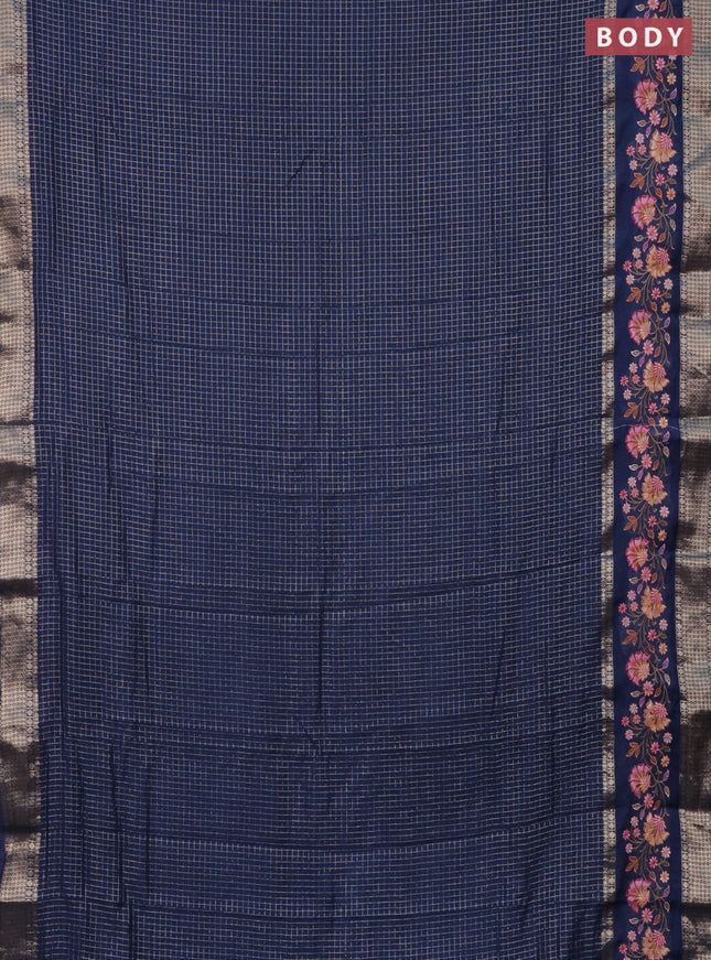 Semi chanderi saree blue with allover zari checked pattern and floral embroidery border