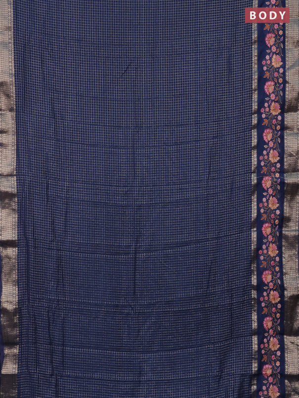 Semi chanderi saree blue with allover zari checked pattern and floral embroidery border