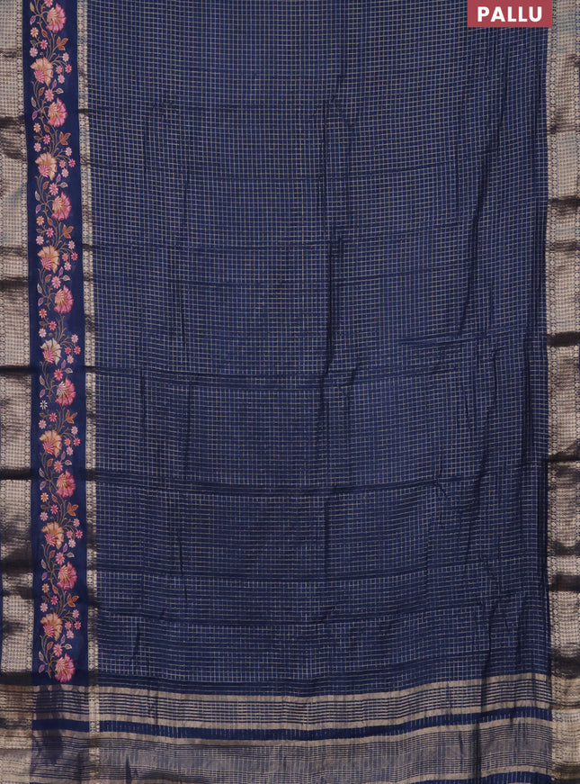 Semi chanderi saree blue with allover zari checked pattern and floral embroidery border